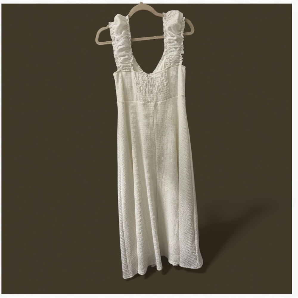 4SIENNA White Textured Midi Dress – Ruffle Strap Summer Cottage Midi (Size L) - Picture 2 of 3